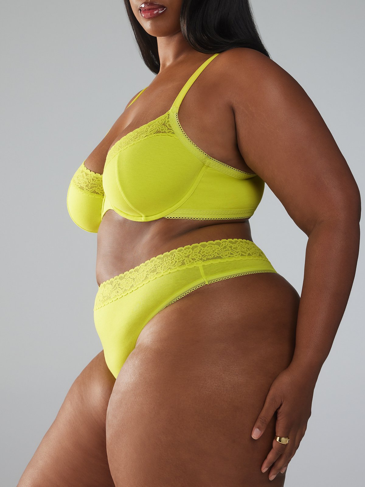 Cotton Essentials Lace-Trim Mid-Rise Thong Panty in Yellow