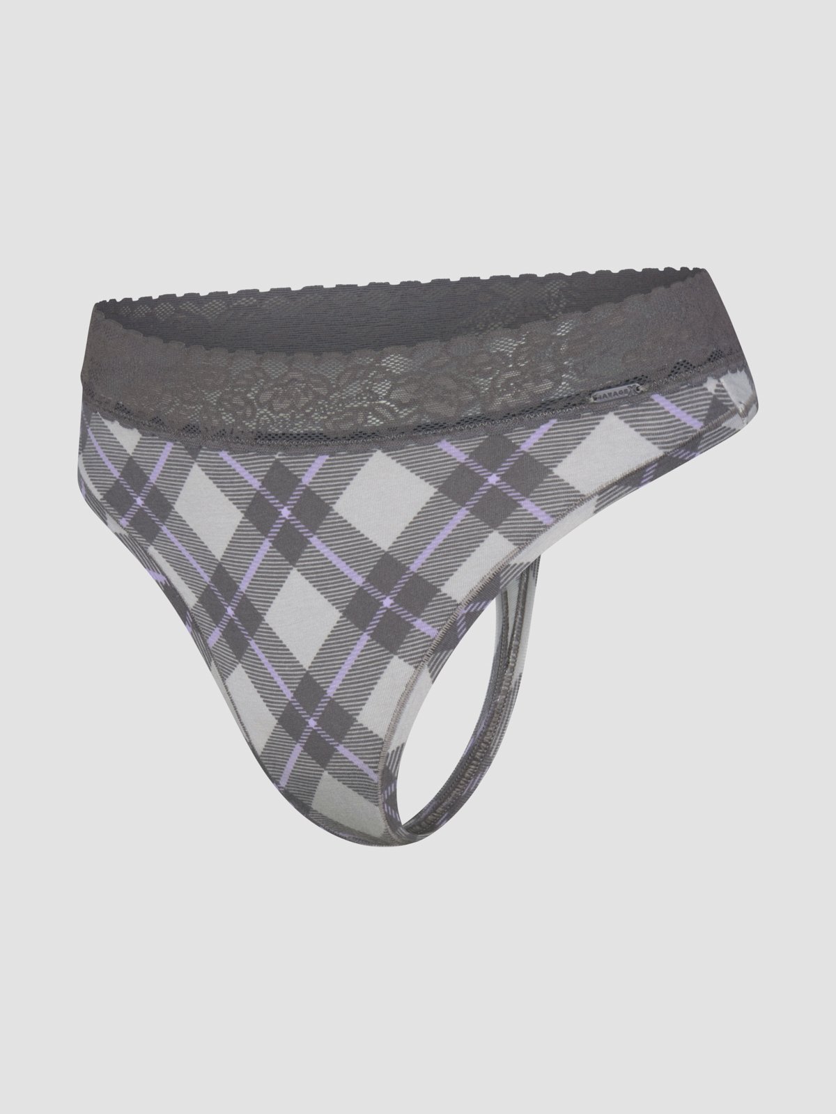 Cotton Essentials Lace-Trim Mid-Rise Thong Panty in Grey & Multi & Silver | SAVAGE X FENTY
