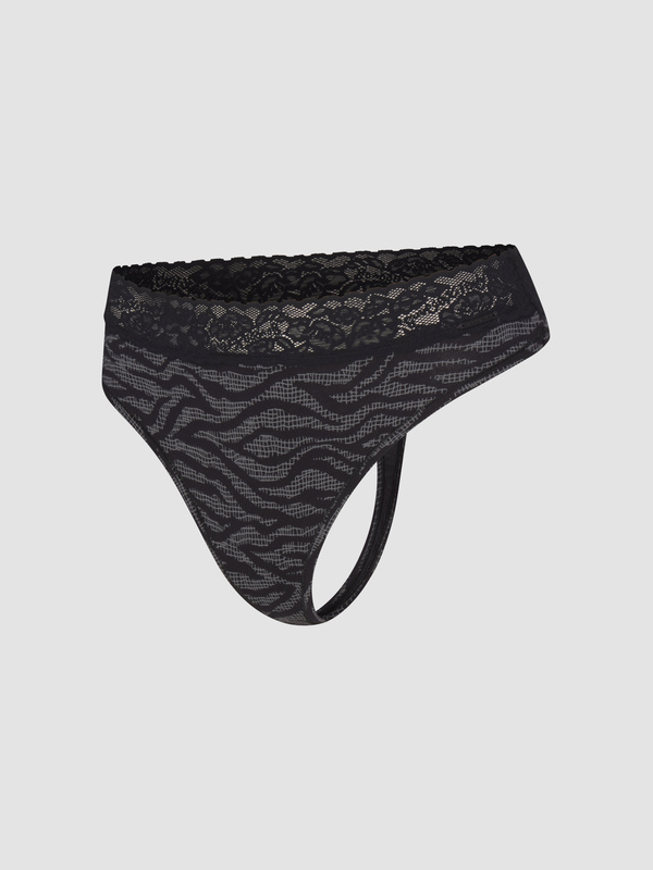 Cotton Essentials Lace-Trim Mid-Rise Thong Panty in Black & Multi | SAVAGE X FENTY