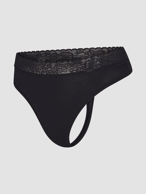 Cotton Essentials Lace-Trim Mid-Rise Thong Panty in Black | SAVAGE X FENTY